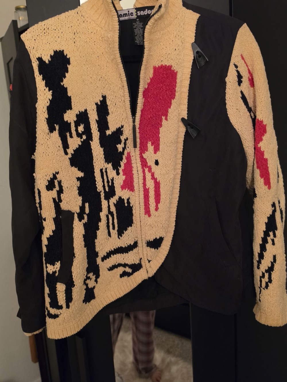Jamie Sadock Vintage Beige, Black & Pink Graphic Knit Jacket
